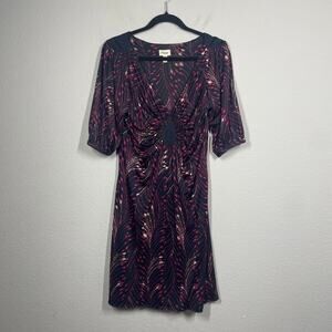 Temperley London 8 Plunging Neck Dress Black Pink 100% Silk Abstract Print